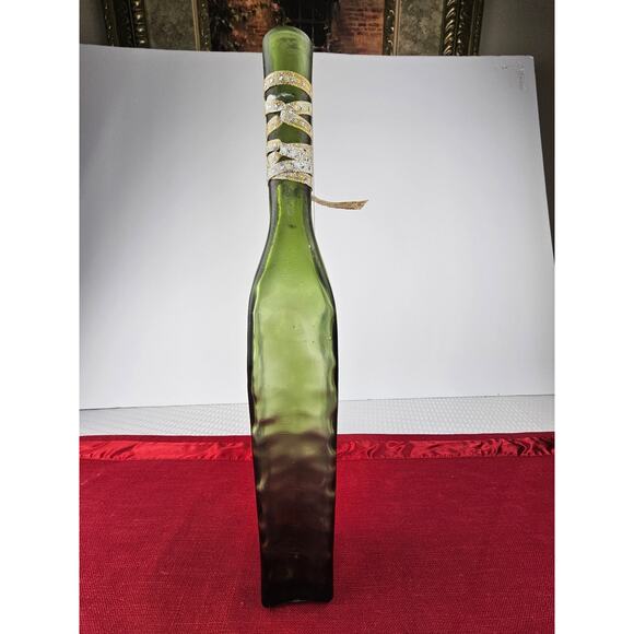 Vintage Eighteen Karat Frosted Square Green Glass Bottle With Ribbon on Neck. - Picture 1 of 7